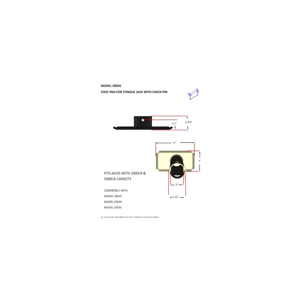 Trailer Tongue Jackft Plate - 8" Length x 4" Width x 1-3/4" Heighted - BLN29056B - view 2